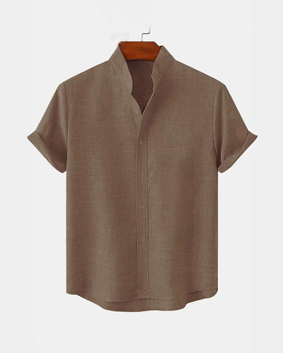 BAN COLLAR LINEN SHIRT - BROWN