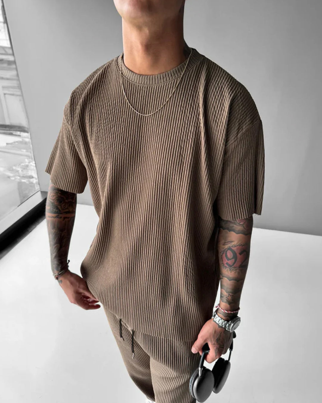 OVERSIZE RIBBED T-SHIRT - BROWN