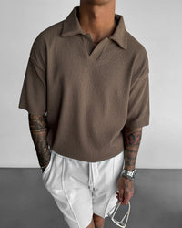 OVERSIZE RIBBED POLO T-SHIRT - BROWN