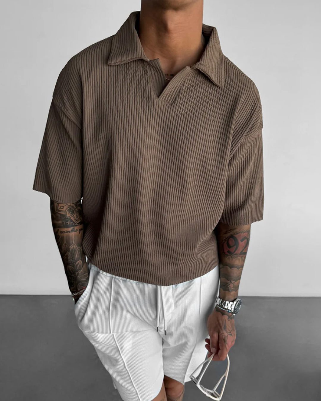 OVERSIZE RIBBED POLO T-SHIRT - BROWN