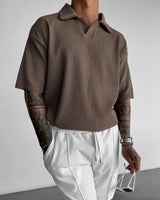 OVERSIZE RIBBED POLO T-SHIRT - BROWN