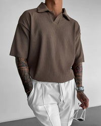 OVERSIZE RIBBED POLO T-SHIRT - BROWN