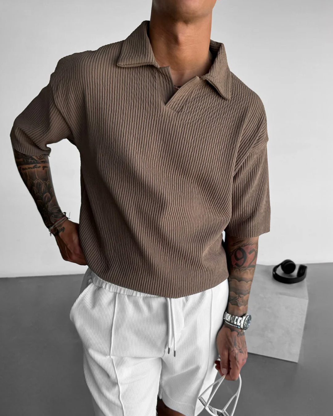 OVERSIZE RIBBED POLO T-SHIRT - BROWN