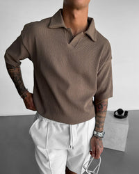 OVERSIZE RIBBED POLO T-SHIRT - BROWN