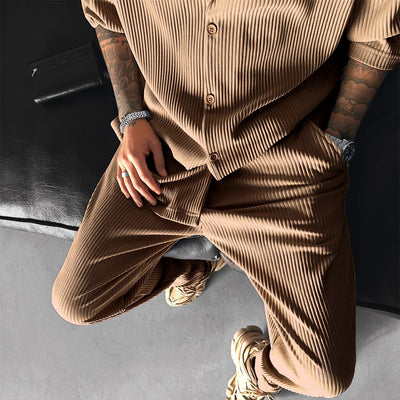 Oversize Pleated Open Collar Shirt & Pants Set - Brown - Zapped