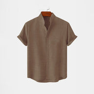 BAN COLLAR LINEN SHIRT - BROWN