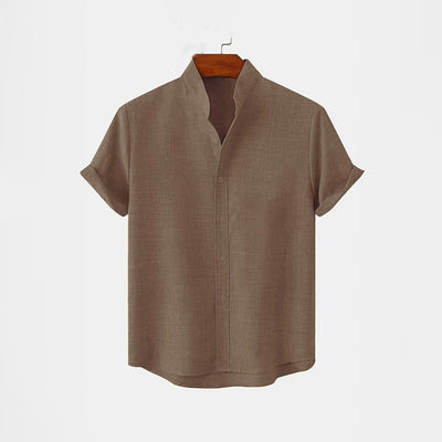 BAN COLLAR LINEN SHIRT - BROWN