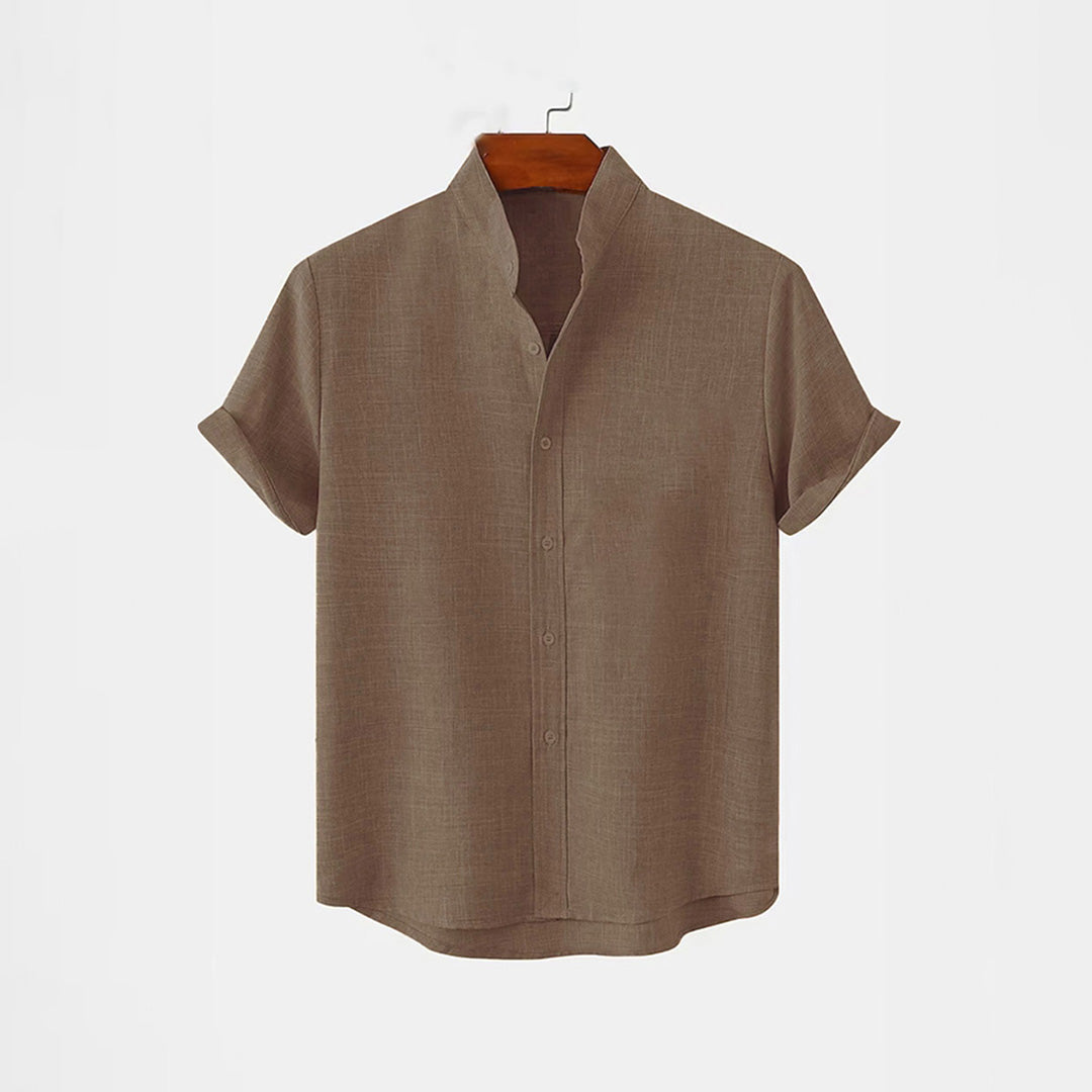 BAN COLLAR FULL LINEN SHIRT - BROWN