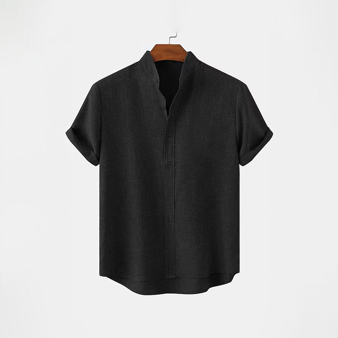 BAN COLLAR FULL LINEN SHIRT - BLACK