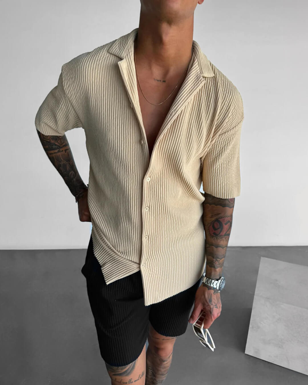 OVERSIZE RIBBED SHIRT - BEIGE