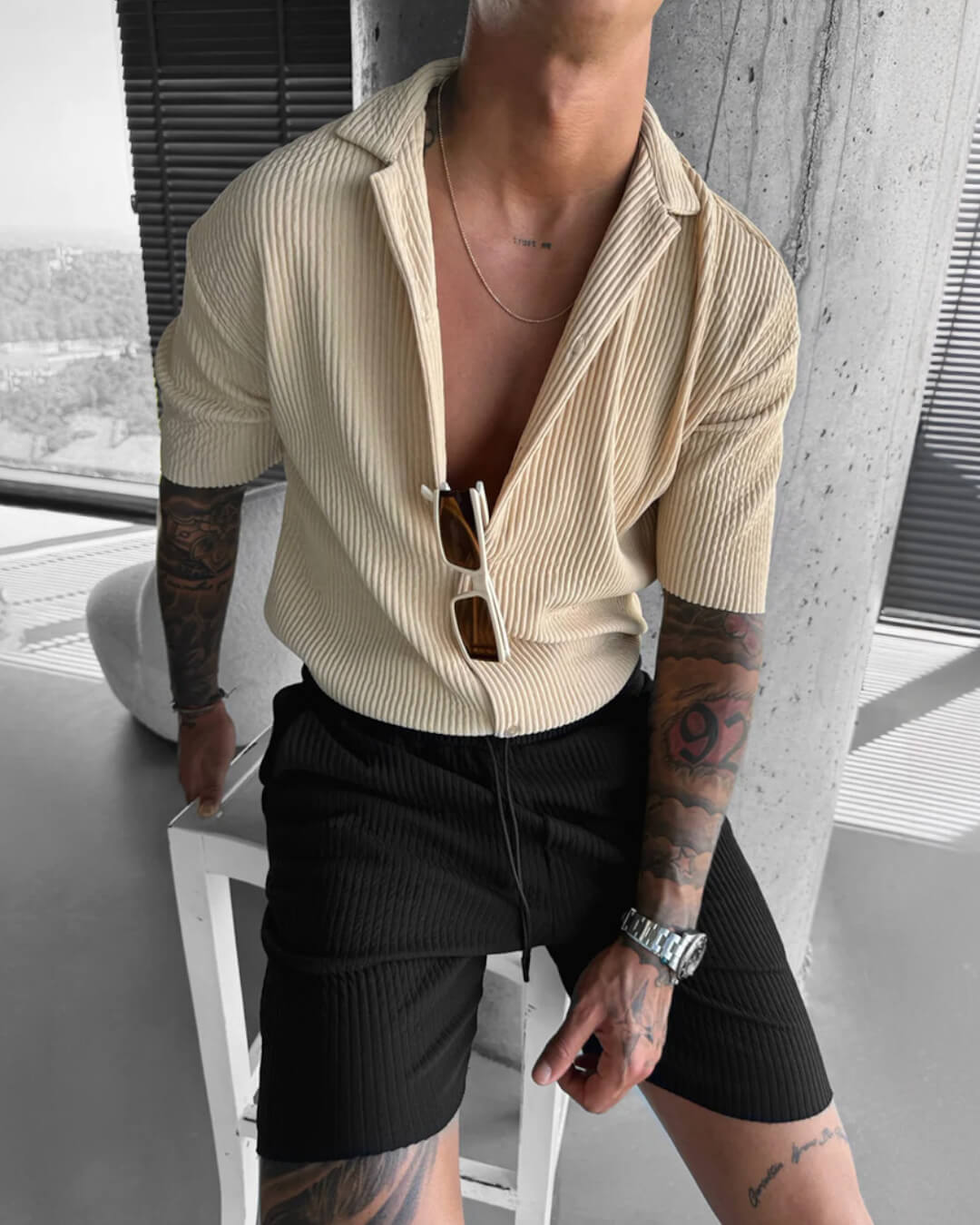 OVERSIZE RIBBED SHIRT - BEIGE