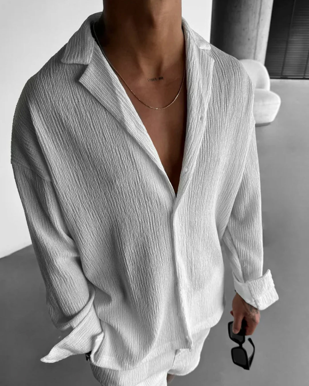 WHITE COTTON CRUSH RELAXED FIT TEXTURED SHIRT