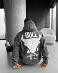 DROP SHOULDER PUFF PRINT BULL HOODIE - GRAY