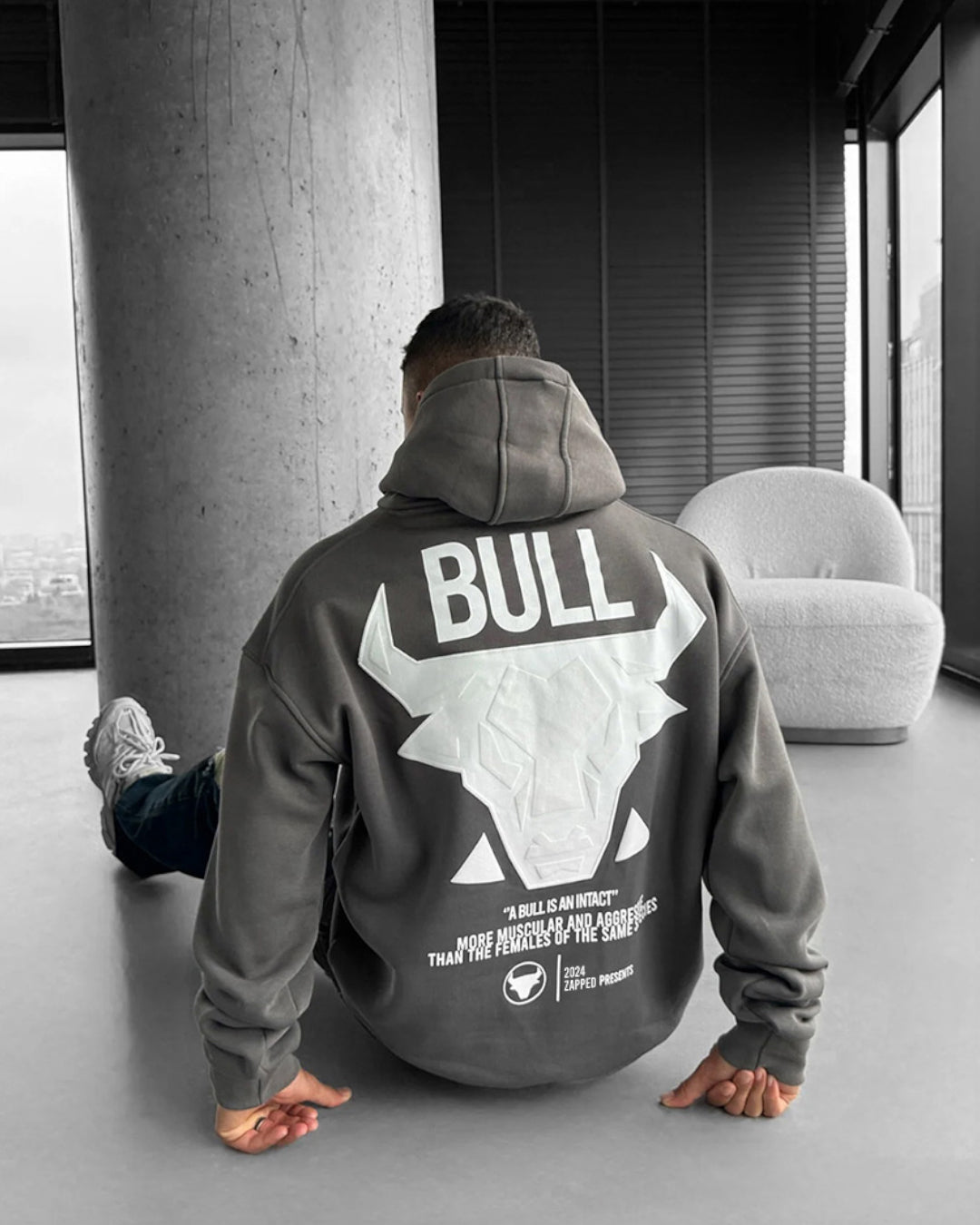 DROP SHOULDER PUFF PRINT BULL HOODIE - GRAY