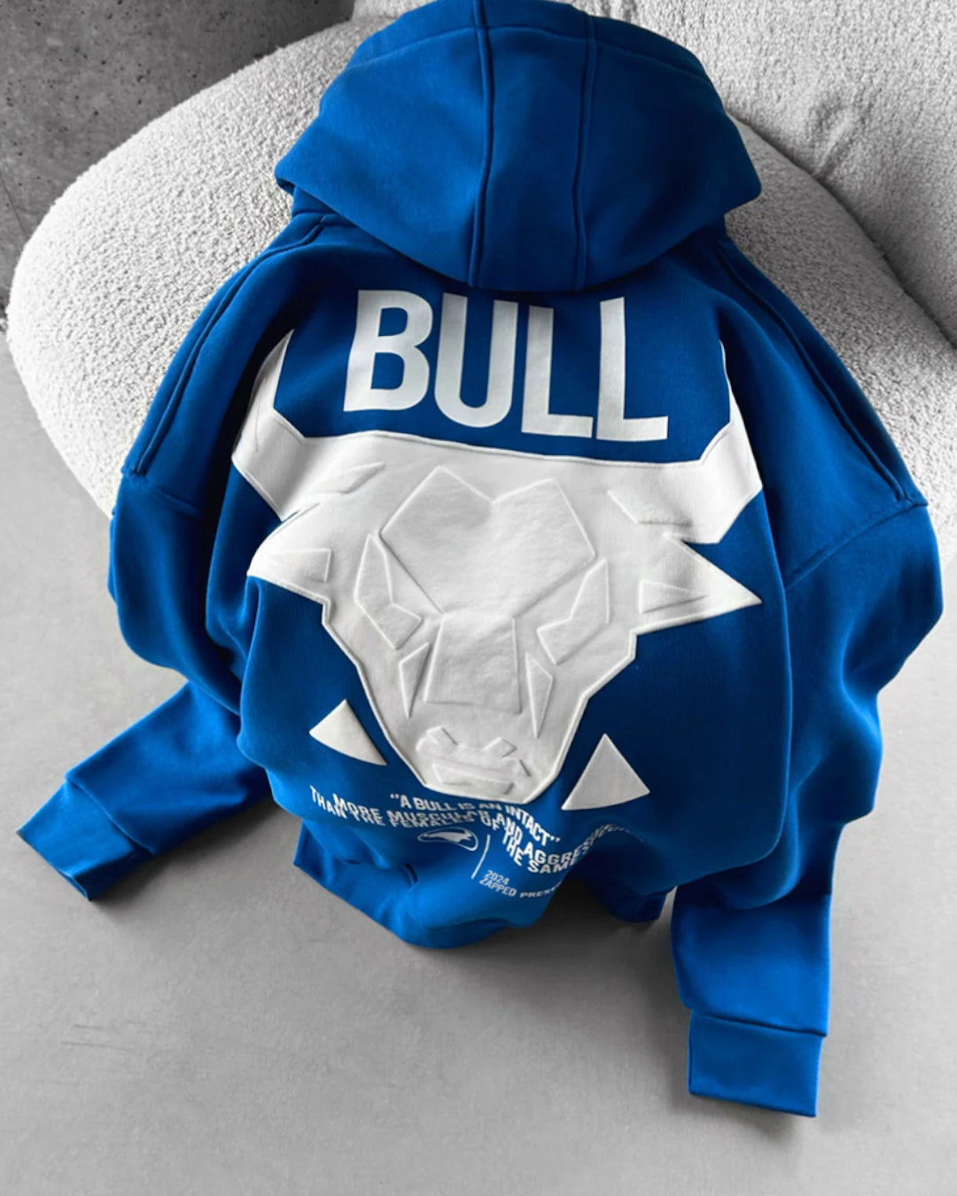 DROP SHOULDER PUFF PRINT BULL HOODIE - ROYAL BLUE