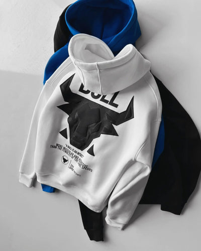 DROP SHOULDER PUFF PRINT BULL HOODIE - WHITE BLACK
