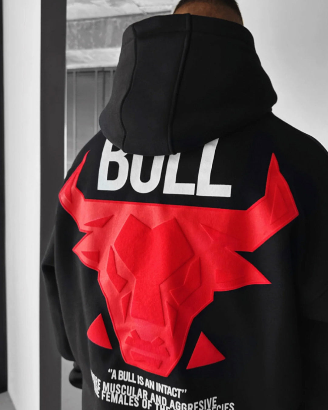 DROP SHOULDER PUFF PRINT BULL HOODIE - BLACK