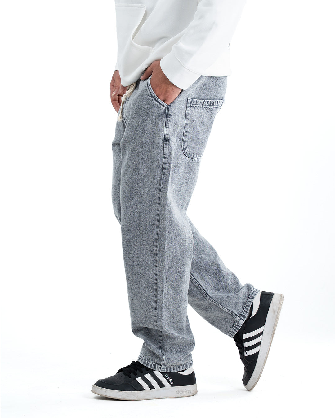 Men's Washed Baggy Denim Joggers - Light Grey