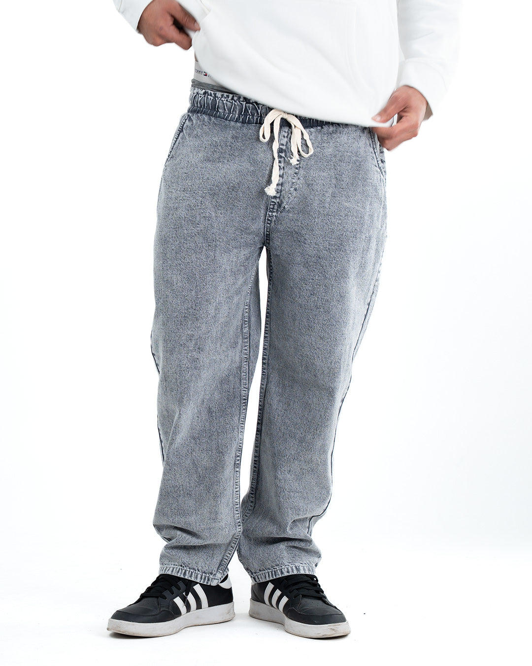 Men's Washed Baggy Denim Joggers - Light Grey