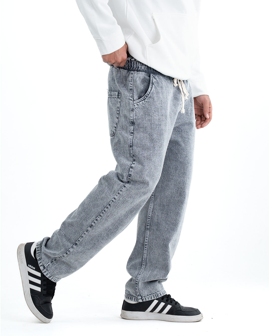 Men's Washed Baggy Denim Joggers - Light Grey