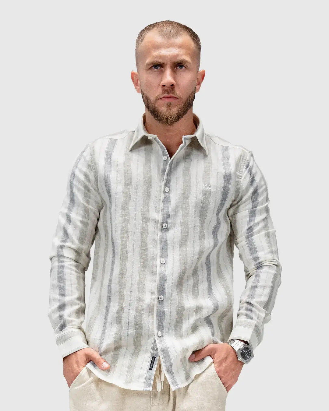 Men’s Beige & Grey Striped Linen Shirt
