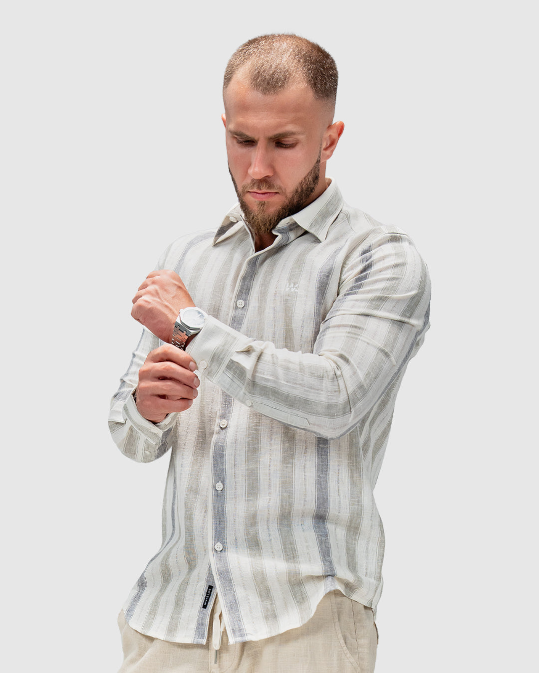 Men’s Beige & Grey Striped Linen Shirt