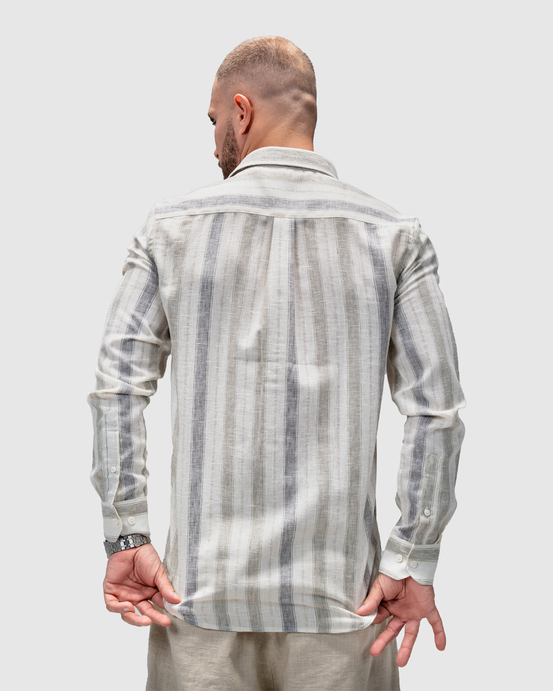 Men’s Beige & Grey Striped Linen Shirt