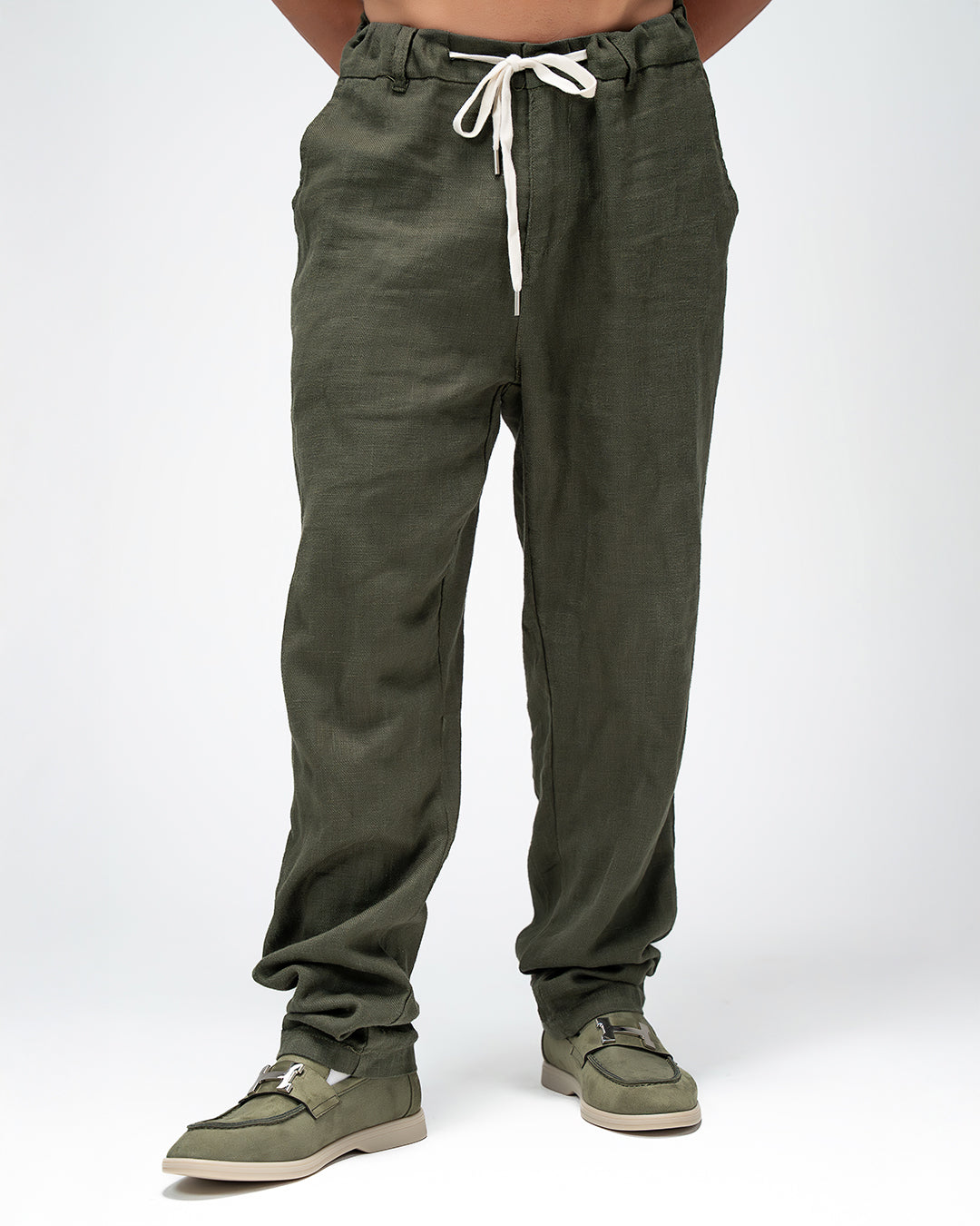 Men’s Olive Linen Drawstring Pants