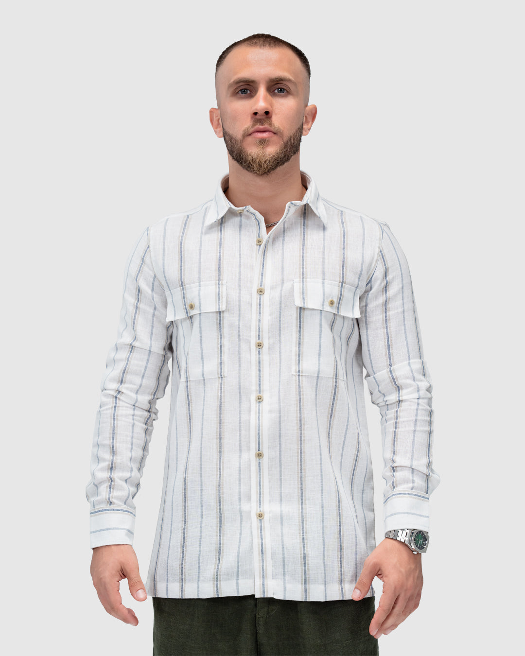 Men’s White Linen Striped Shirt with Pockets