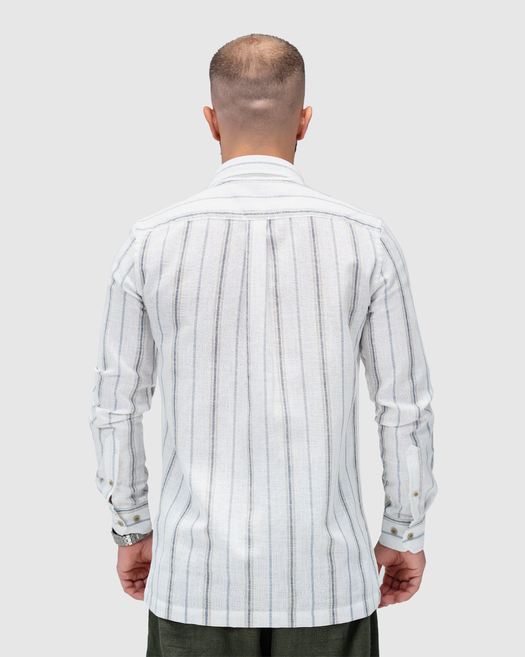 Men’s White Linen Striped Shirt with Pockets