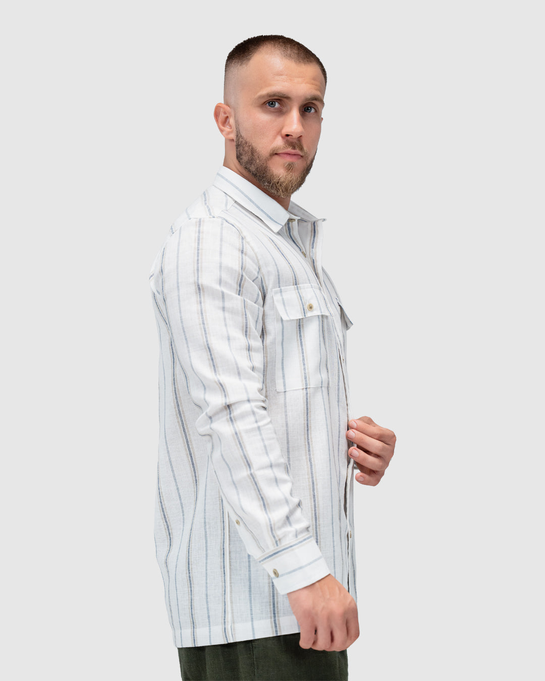 Men’s White Linen Striped Shirt with Pockets
