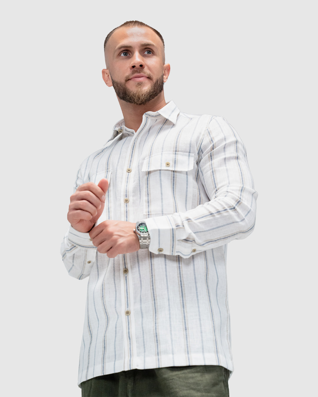 Men’s White Linen Striped Shirt with Pockets