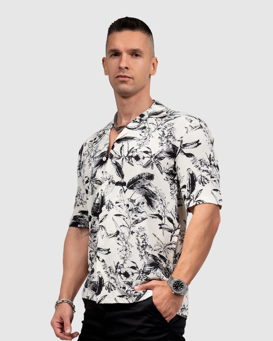 Men’s White & Black Floral Print Shirt