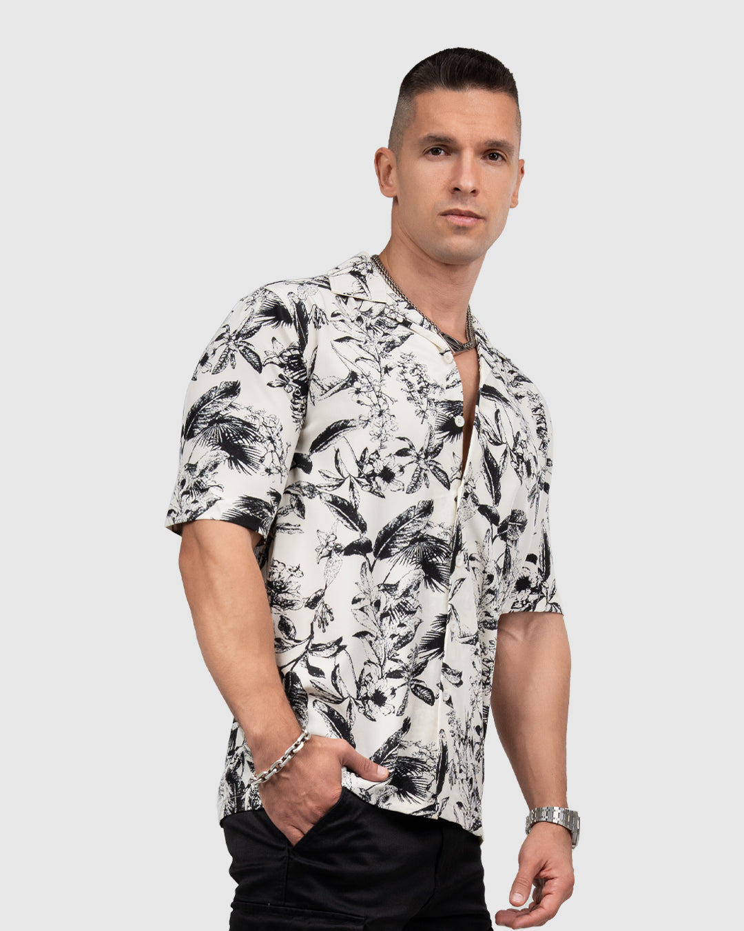 Men’s White & Black Floral Print Shirt
