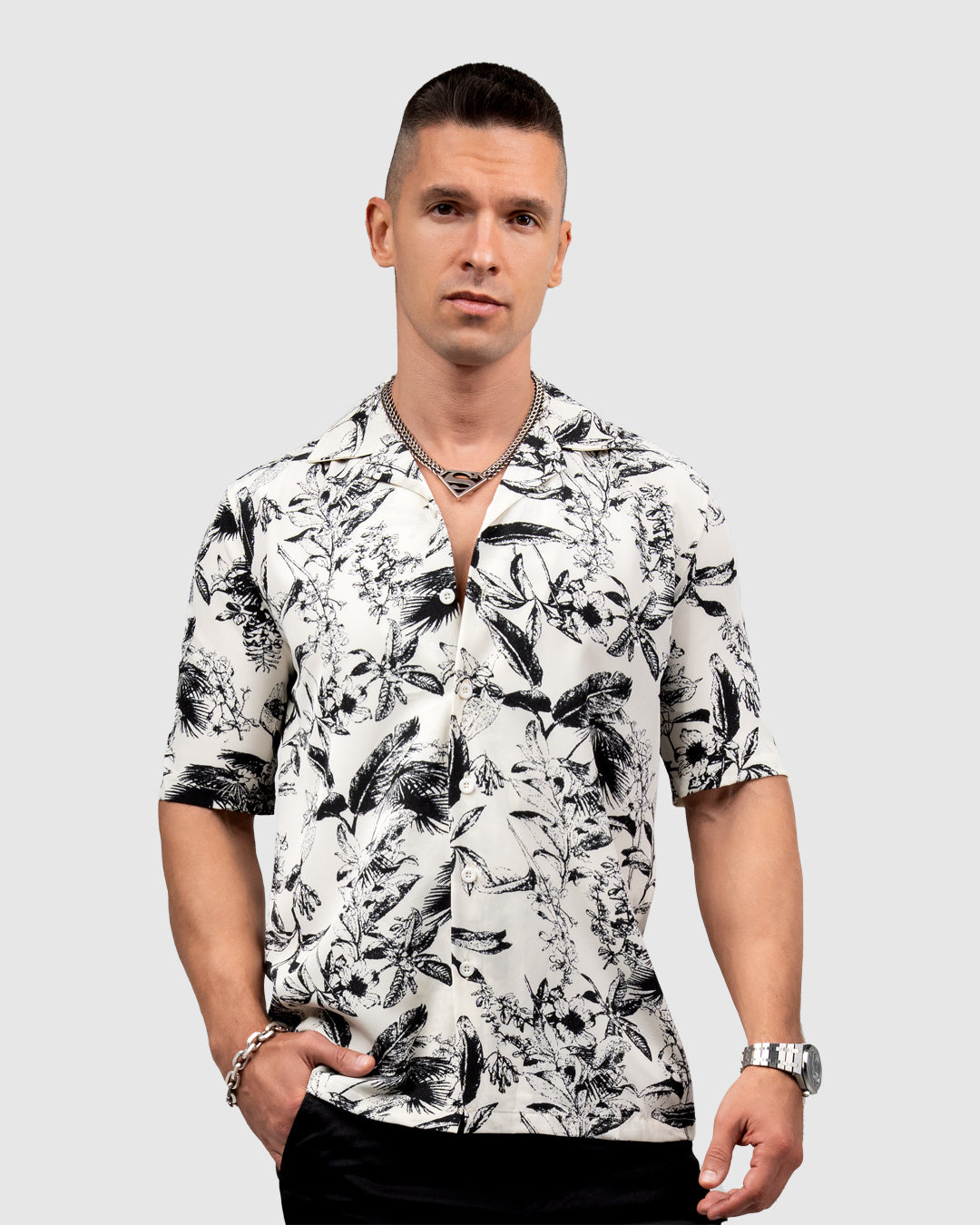 Men’s White & Black Floral Print Shirt