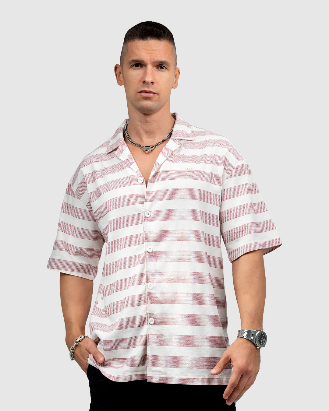 Men’s Red & White Striped Short Sleeve Shirt