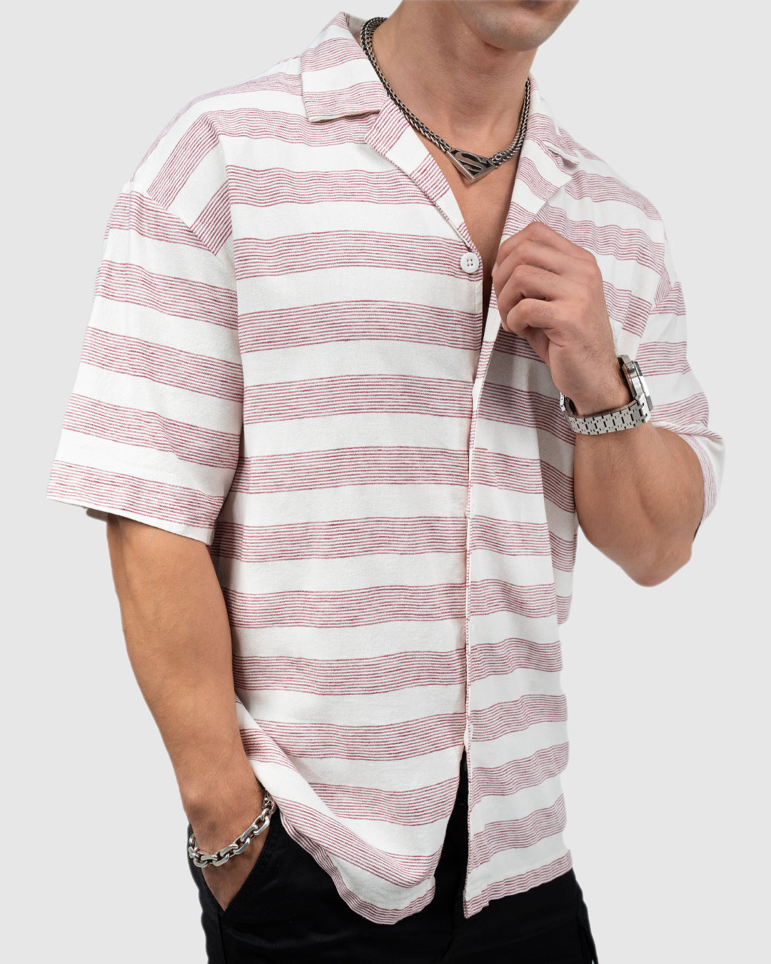 Men’s Red & White Striped Short Sleeve Shirt
