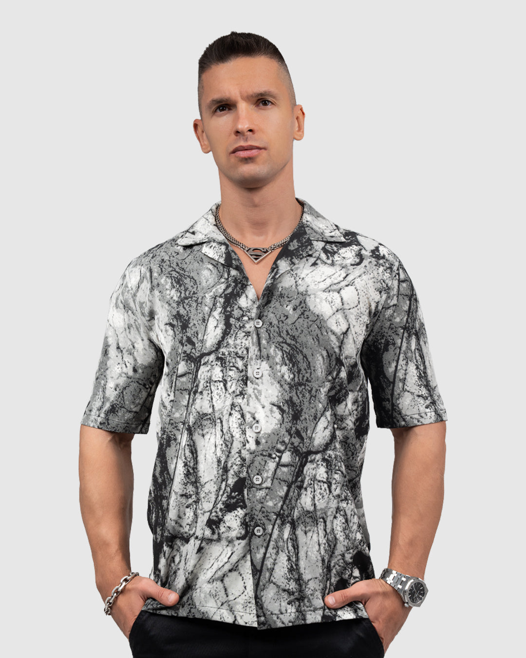 Men’s Black & White Marble Print Shirt