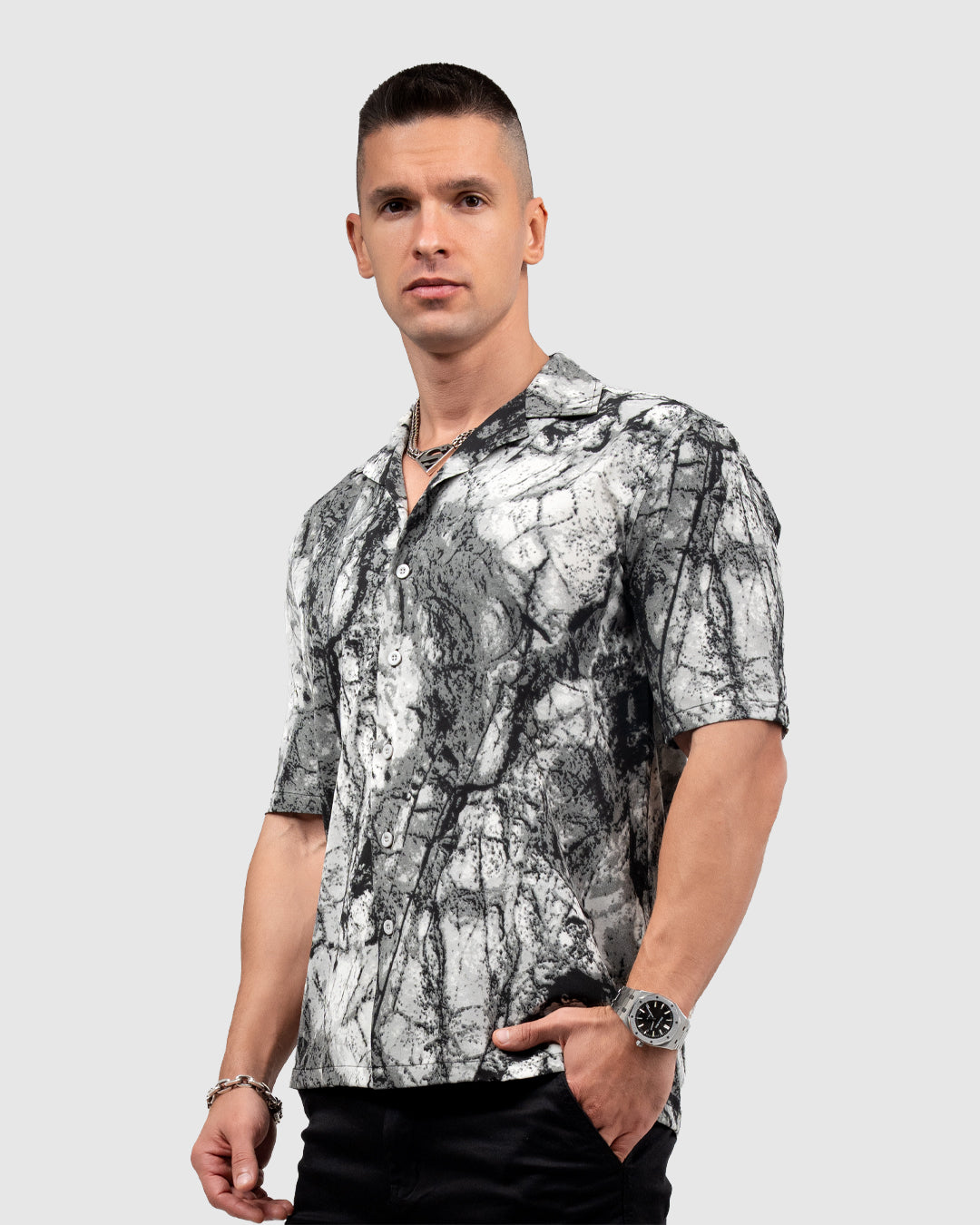 Men’s Black & White Marble Print Shirt