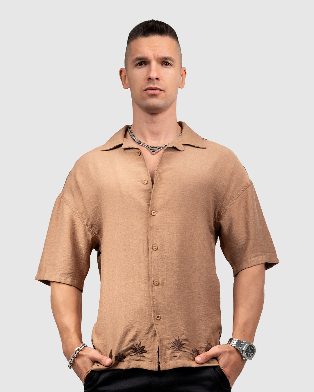 Men’s Brown Cuban Collar Shirt with Embroidered Hem