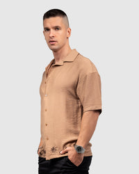 Men’s Brown Cuban Collar Shirt with Embroidered Hem
