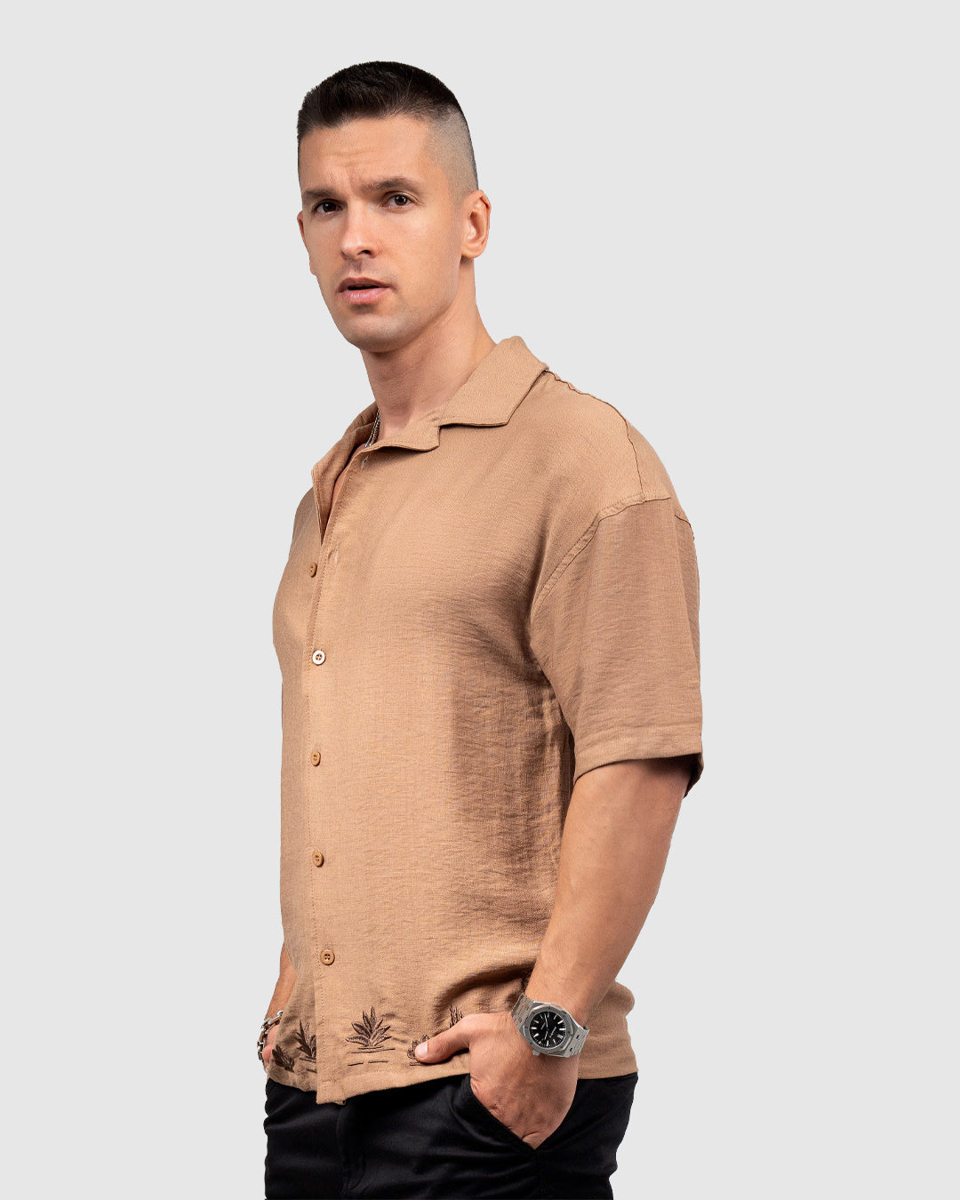 Men’s Brown Cuban Collar Shirt with Embroidered Hem