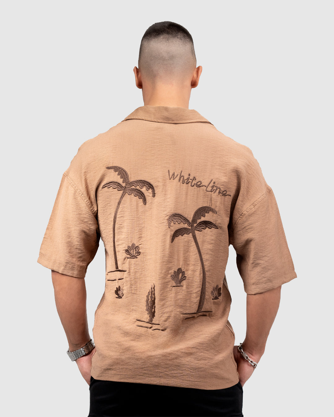 Men’s Brown Cuban Collar Shirt with Embroidered Hem