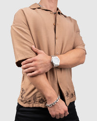 Men’s Brown Cuban Collar Shirt with Embroidered Hem