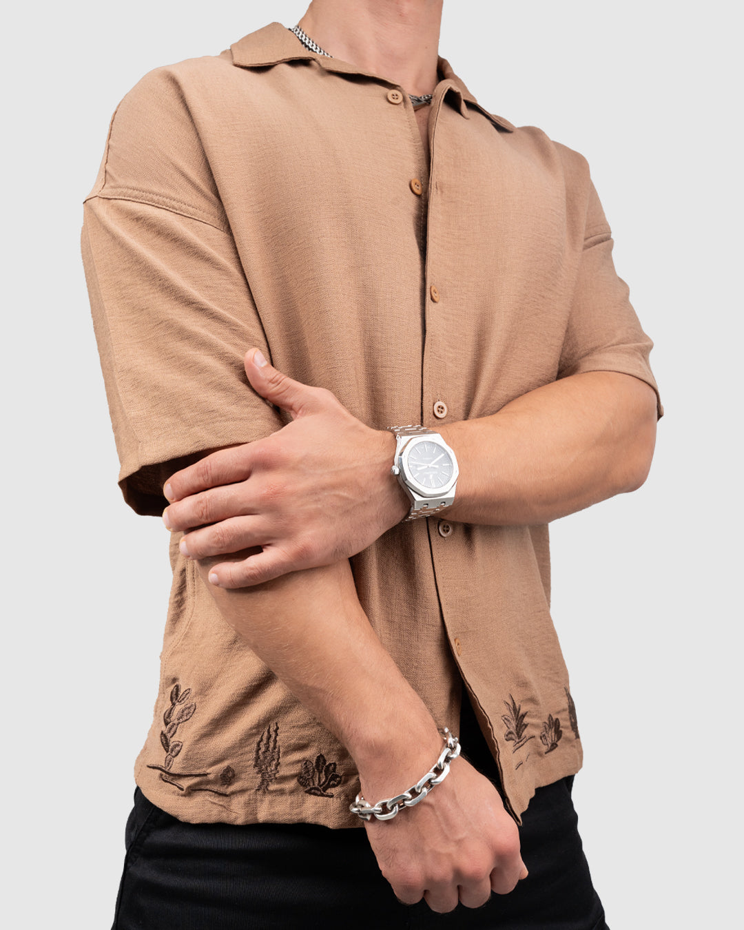 Men’s Brown Cuban Collar Shirt with Embroidered Hem