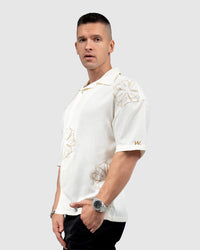 Men’s Cream Cuban Collar Shirt with Embroidered Floral Design