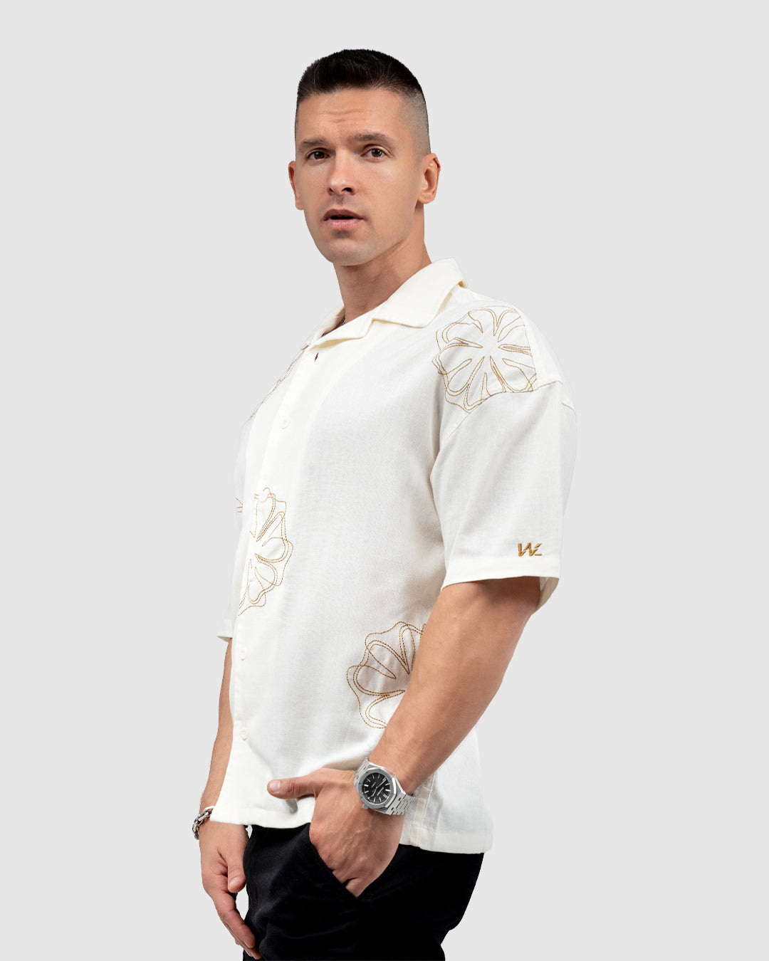 Men’s Cream Cuban Collar Shirt with Embroidered Floral Design