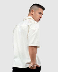 Men’s Cream Cuban Collar Shirt with Embroidered Floral Design