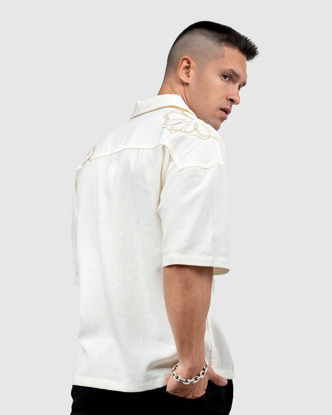 Men’s Cream Cuban Collar Shirt with Embroidered Floral Design