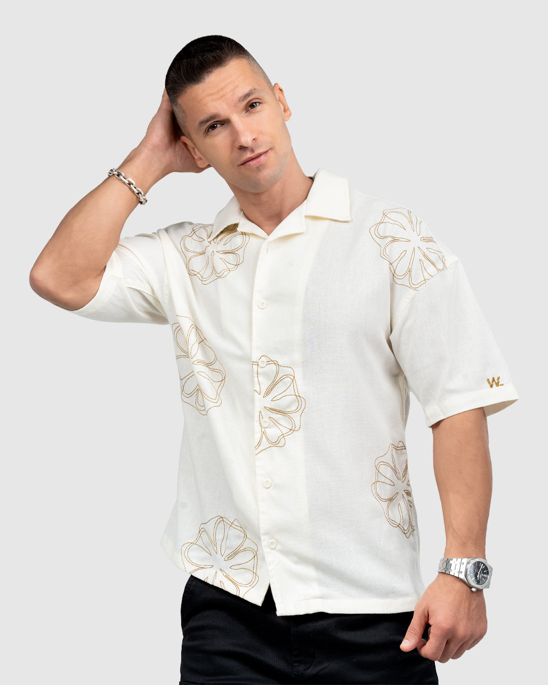 Men’s Cream Cuban Collar Shirt with Embroidered Floral Design